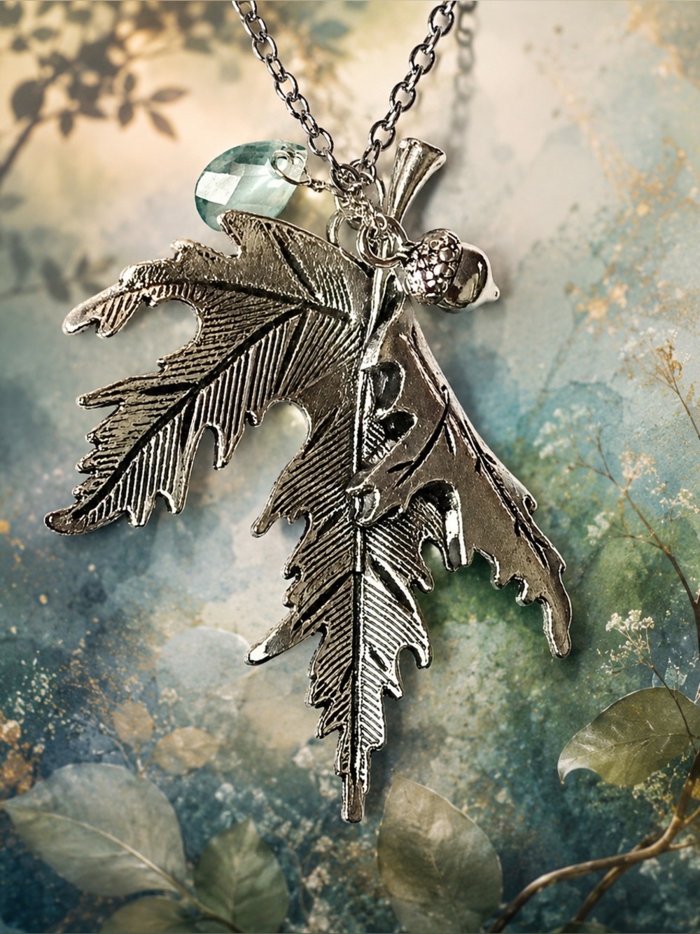 Handmade Silver-Tone Oak Leaf Necklace with Green Glass Crystal and Acorn Charm